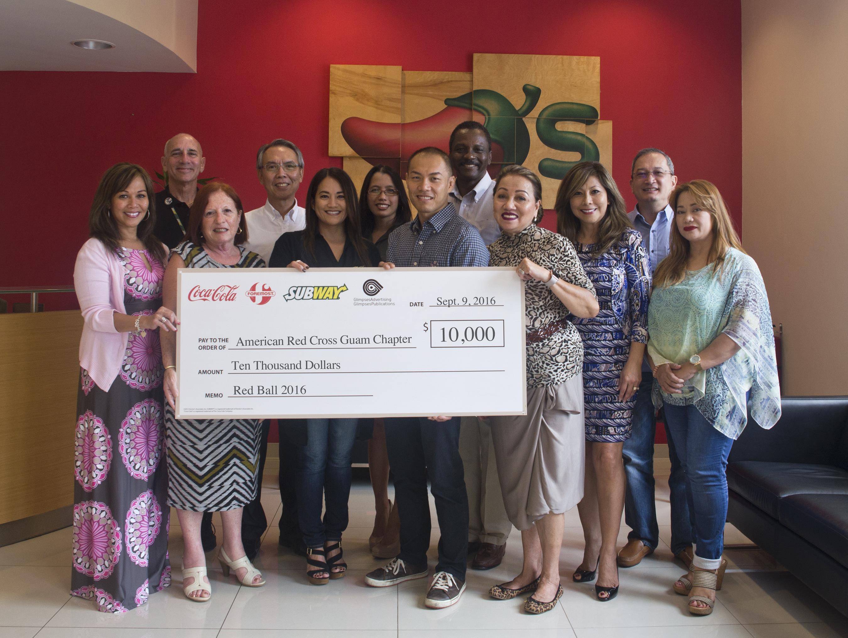 (L-R: Caroline Sablan, Board Member, ARC Guam Chapter; Gary Schiff, director of brand management, Subway Restaurants of Guam, Saipan and AAFES and NEXCOM Japan; Maureen N. Maratita, publisher, Glimpses Publications; Ernest Mak, director of operations, Foremost Foods Inc. and Coca-Cola Beverage Co. (Guam); Monica Duenas, Board Member, ARC Guam Chapter; Sharleen Marchesseault, director of agency services, Glimpses Advertising; Marcos W. Fong, group executive vice president, Foremost Foods Inc., Coca-Cola Beverage Co. (Guam), Glimpses of Guam Inc. and Nakicos Corp.; Karvin Flynn, Board Treasurer, ARC Guam Chapter; Chita A. Blaise, CEO, ARC Guam Chapter; Lucy Alcorn, Board Member, ARC Guam Chapter; Ed Ilao, Board Member, ARC Guam Chapter; and Margie Nicolas Training Program Coordinator, ARC Guam Chapter.